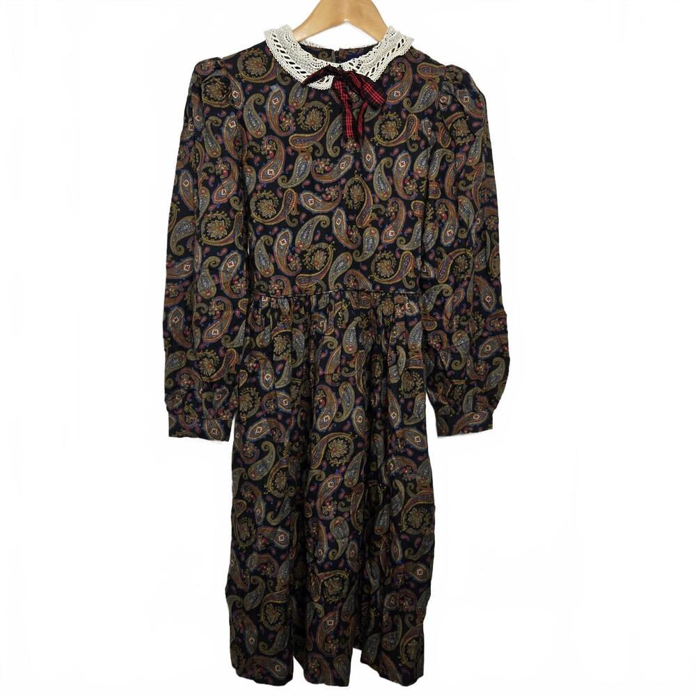Vintage Alfred Sung Dress Girls 12Y Paisley Lace Collar Long Sleeve Cottagecore